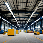 A wide-angle, professional photograph of a large, modern industrial facility, like a steel factory or chemical plant, in the Czech Republic. The interior is clean but has a noticeable reduction in activity, with some machinery quiet or operating at lower capacity, suggesting energy conservation and economic slowdown. The scene is well-lit but with an underlying quietness. Fully clothed, appropriate attire, safe for work, perfect anatomy, natural proportions, professional, high quality, realistic.