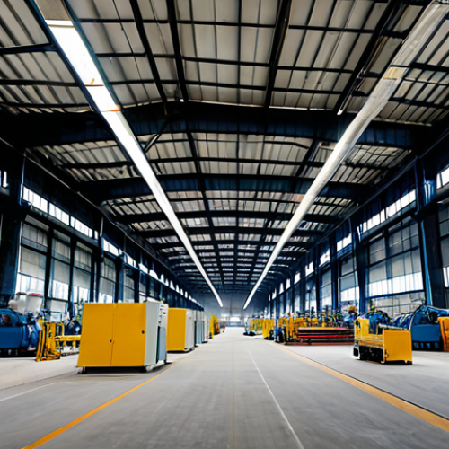 Home 4 A wide-angle, professional photograph of a large, modern industrial facility, like a steel factory or chemical plant, in the Czech Republic. The interior is clean but has a noticeable reduction in activity, with some machinery quiet or operating at lower capacity, suggesting energy conservation and economic slowdown. The scene is well-lit but with an underlying quietness. Fully clothed, appropriate attire, safe for work, perfect anatomy, natural proportions, professional, high quality, realistic.