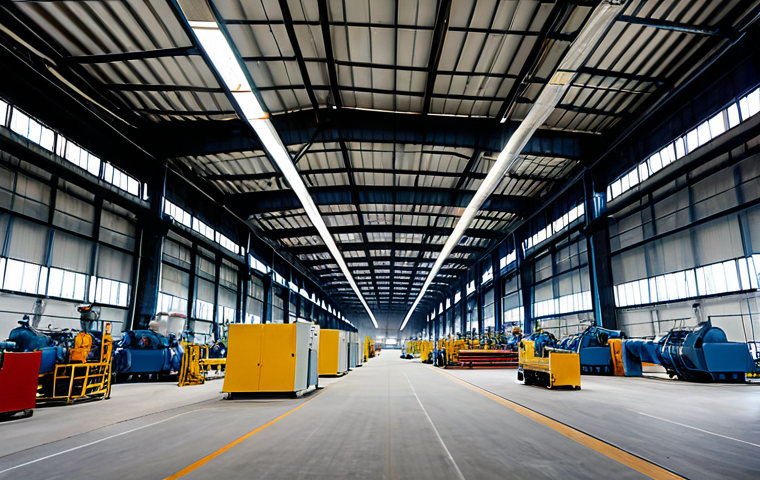 A wide-angle, professional photograph of a large, modern industrial facility, like a steel factory or chemical plant, in the Czech Republic. The interior is clean but has a noticeable reduction in activity, with some machinery quiet or operating at lower capacity, suggesting energy conservation and economic slowdown. The scene is well-lit but with an underlying quietness. Fully clothed, appropriate attire, safe for work, perfect anatomy, natural proportions, professional, high quality, realistic.